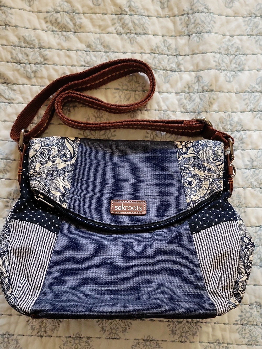 Sakroots Blue Patchwork Crossbody with Brown Strap